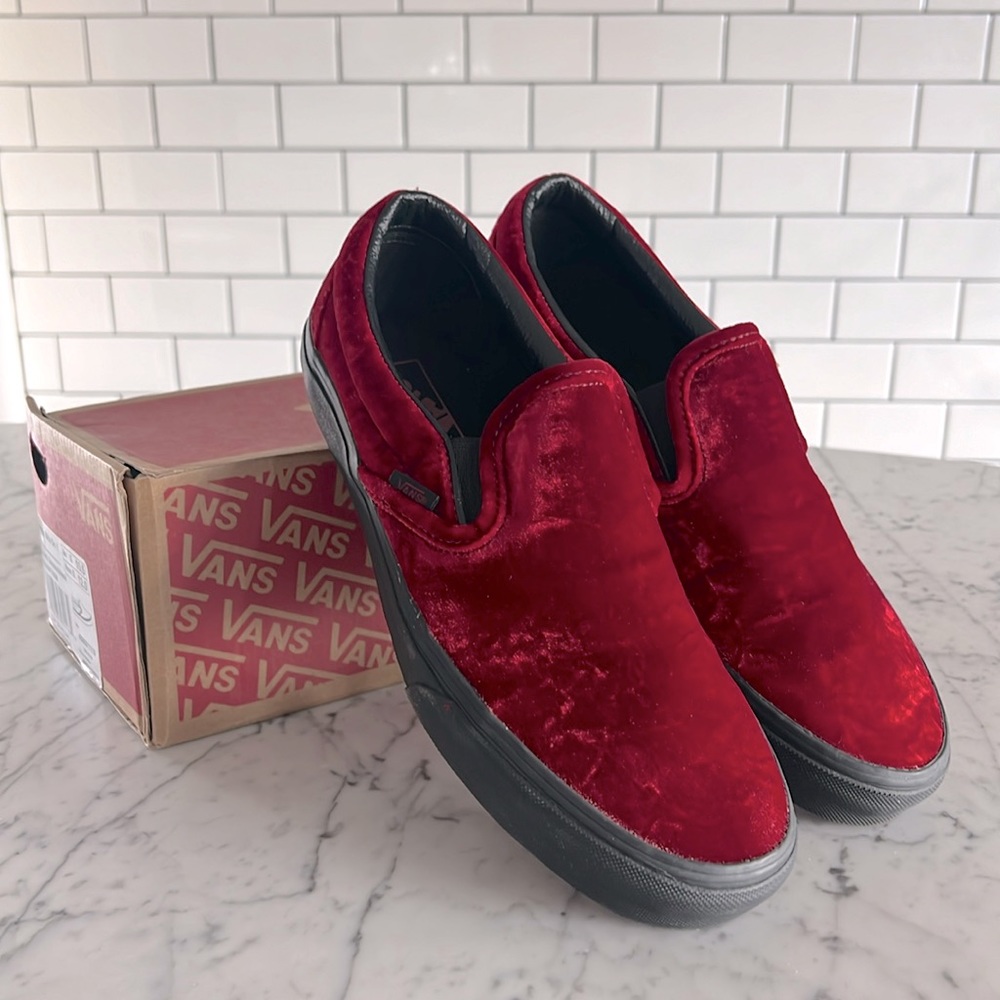 Vans, Oxblood Velvet Slip-On shoes. NIB, 10.5 men, 12 women.